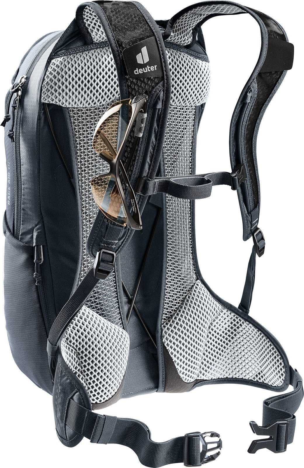Deuter Race Air 10 with sunglasses clipped in the glasses stow on the shoulder strap