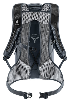 Back of the Deuter Race Air 10 showing the split Aircomfort mesh panel and mesh hip fins