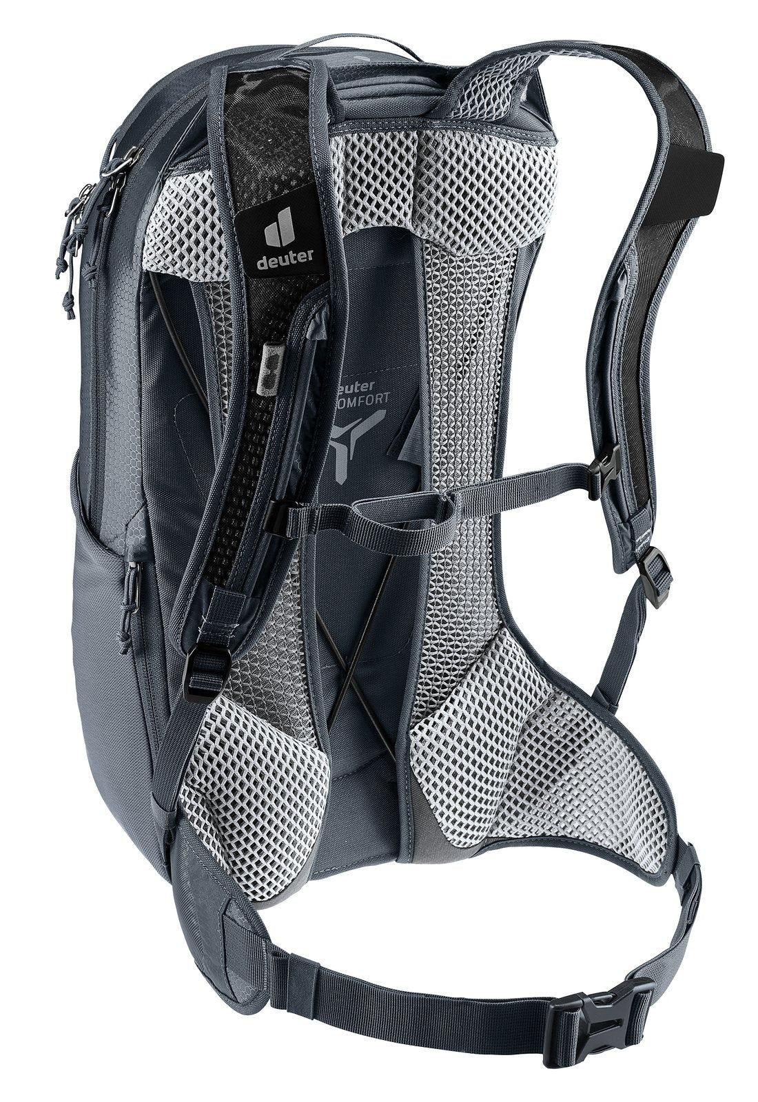 Deuter Race Air 10 rear three-quarter view of perforated shoulder straps and sternum strap