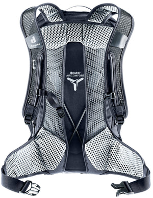 Back of the Deuter Race Air 14+3 showing the split Aircomfort mesh back and mesh hip fins