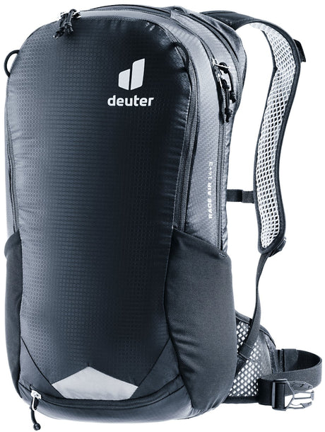 Deuter Race Air 14+3 bike backpack in Black, front three-quarter view with reflective patch