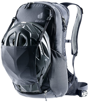 Deuter Race Air 14+3 carrying a bike helmet in its integrated helmet net