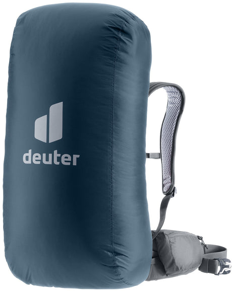 Deuter Raincover II in Ara, dark blue-grey rain cover fitted over a hiking backpack