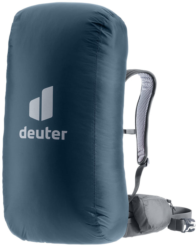 Deuter Raincover II in Ara, dark blue-grey rain cover fitted over a hiking backpack