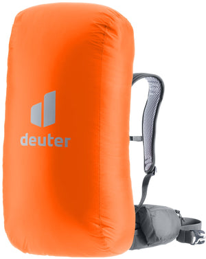 Deuter Raincover II in Koi, high-visibility orange rain cover fitted over a backpack