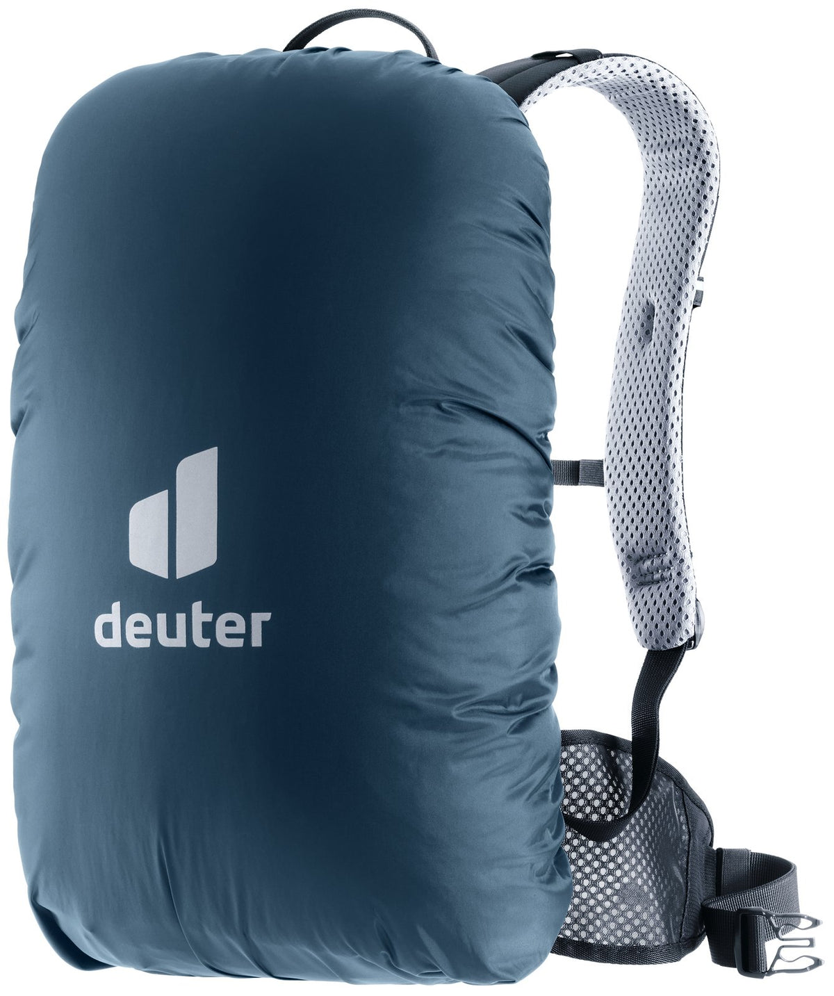 Deuter Raincover Mini in Ara dark blue fitted over a small day pack