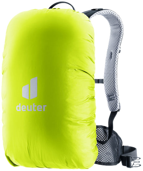Deuter Raincover Mini in Neon high-visibility yellow fitted over a small day pack