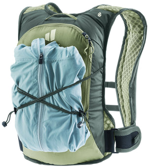 Deuter Rogla 5 with a blue wind jacket held under the front bungee cord