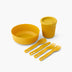 Sea to Summit Passage Dinnerware Set in Arrowwood yellow: bowl, lidded cup, spoon, knife, fork and spork