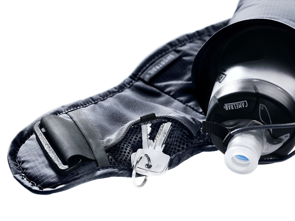 Deuter Shortrail II holding a drink bottle in its holster with keys clipped inside