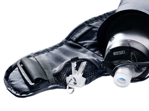 Deuter Shortrail II holding a drink bottle in its holster with keys clipped inside