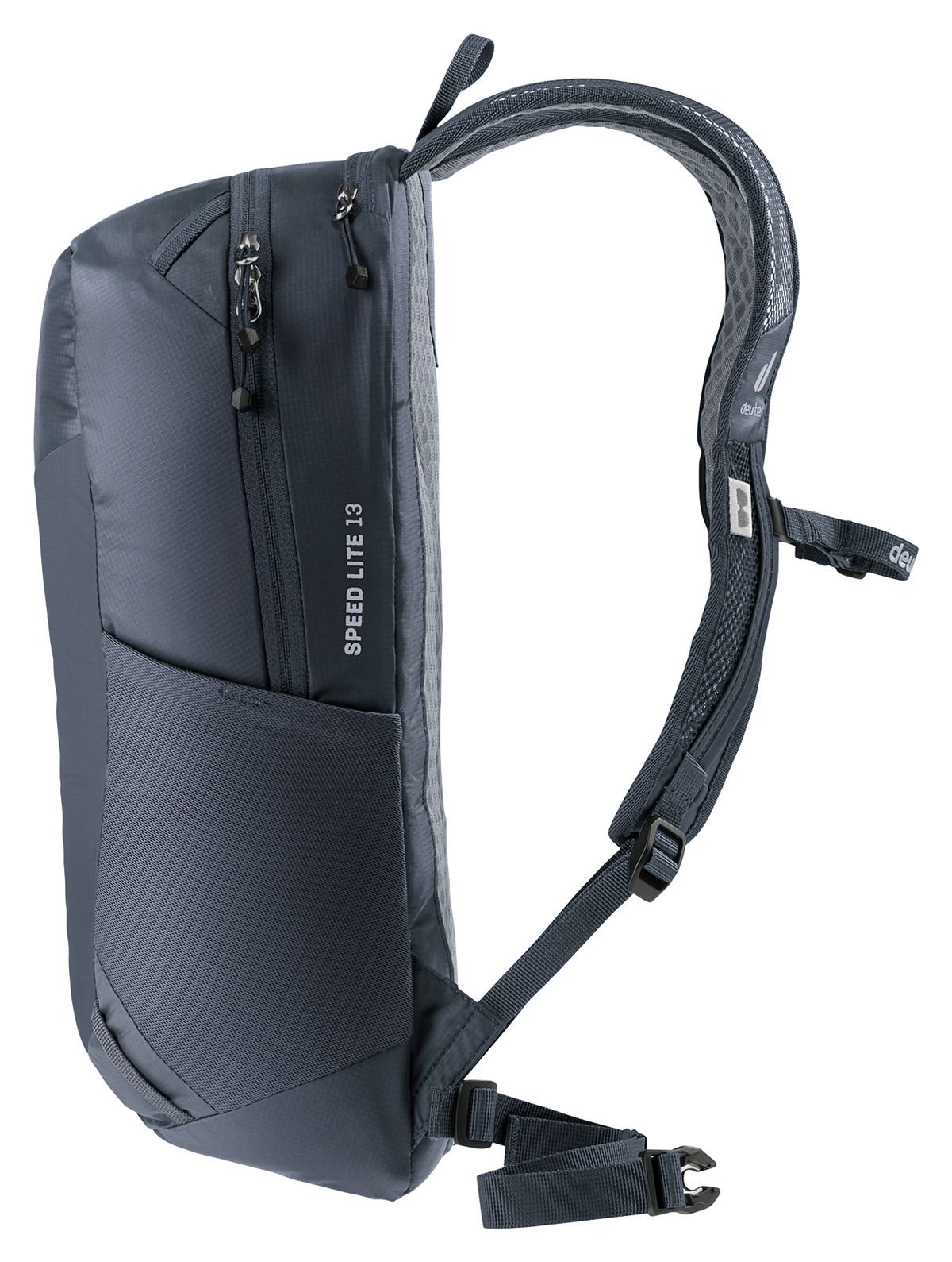 Deuter Speed Lite 13 side view of the mesh side pocket and Speed Lite 13 logo