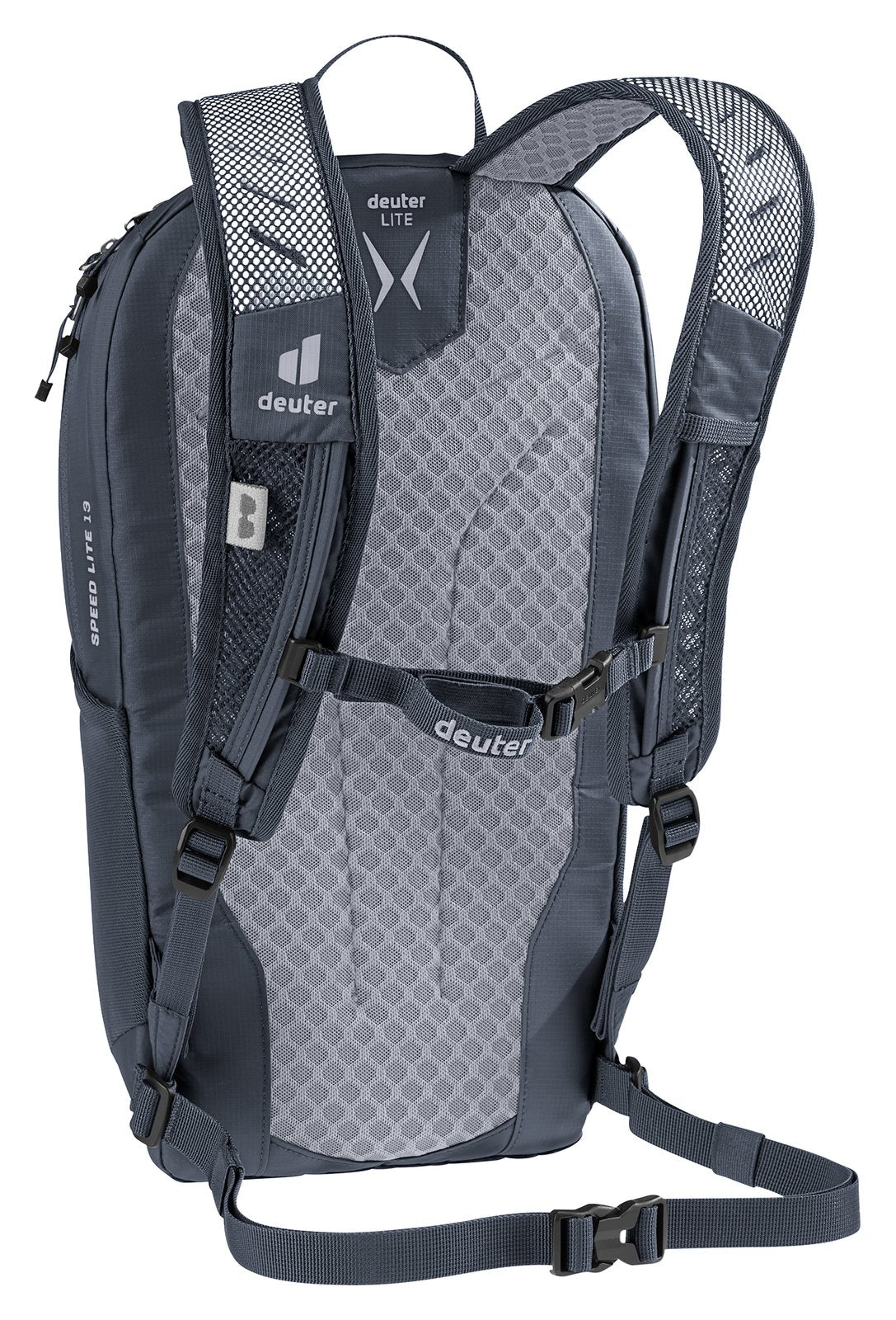 Deuter Speed Lite 13 rear three-quarter view with sternum strap and waist belt