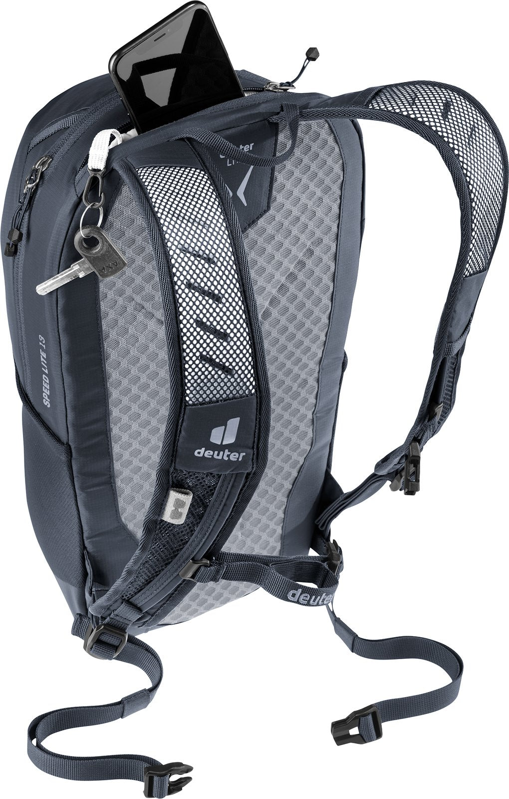 Deuter Speed Lite 13 top pocket open with a phone, and keys on the key clip