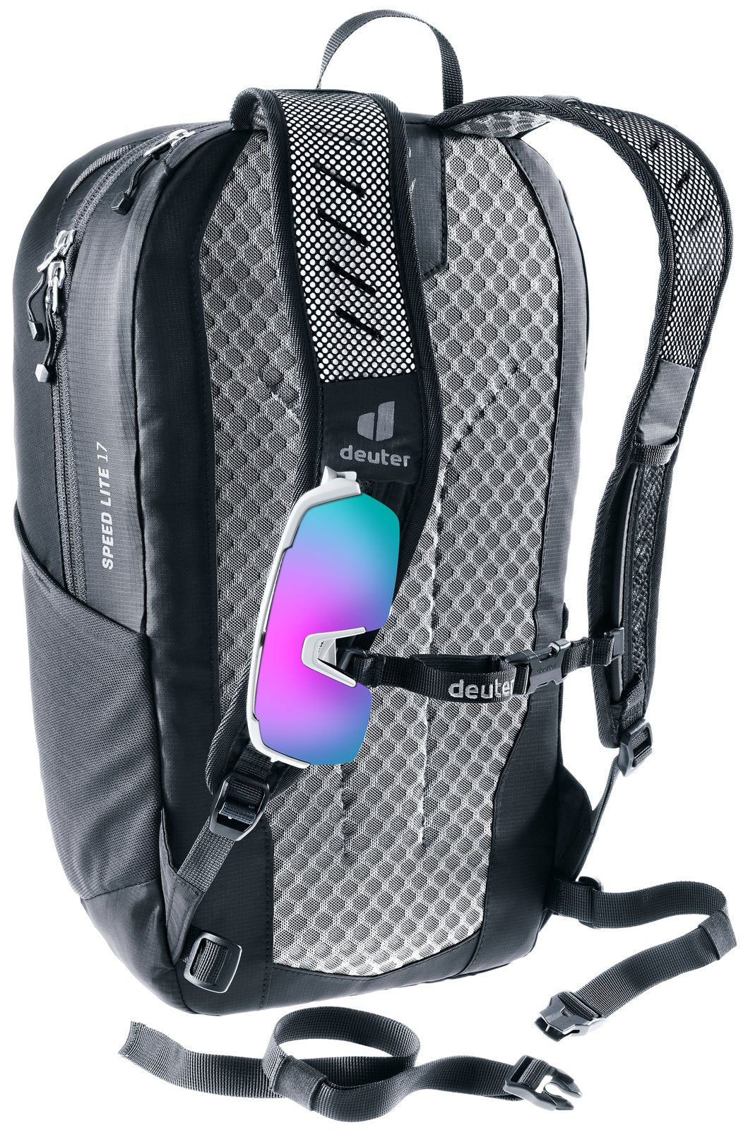 Deuter Speed Lite 17 rear view with sunglasses tucked into the shoulder strap