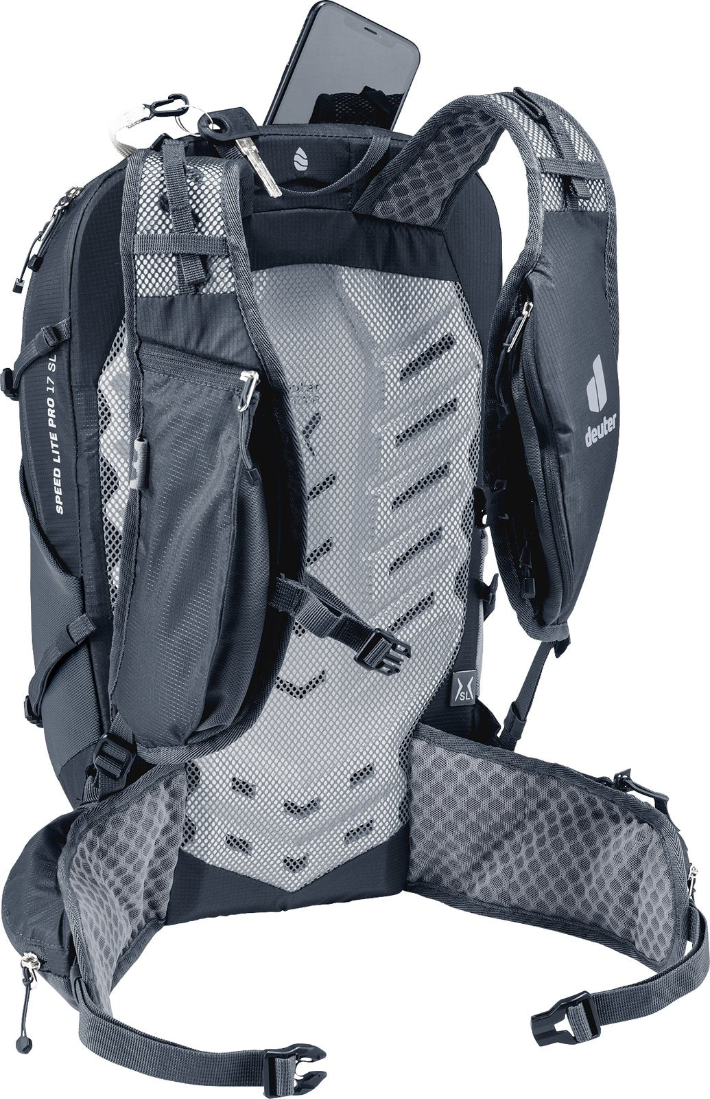 Deuter Speed Lite Pro 17 SL with a phone sliding out of a zipped pocket at the top of the pack