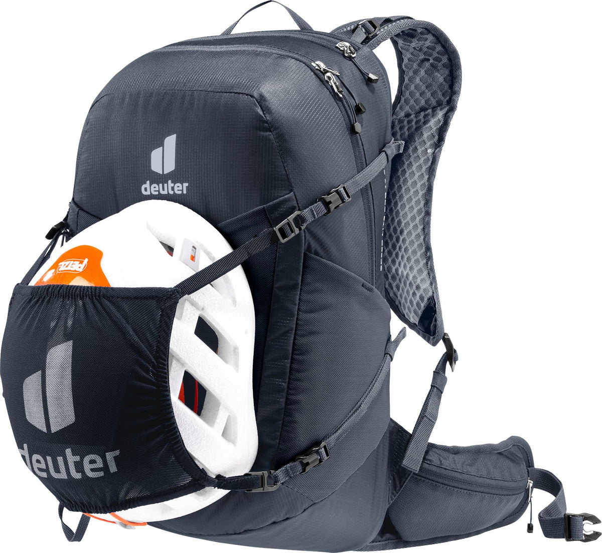 Deuter Speed Lite Pro 17 SL carrying a helmet in a mesh helmet holder, sold separately