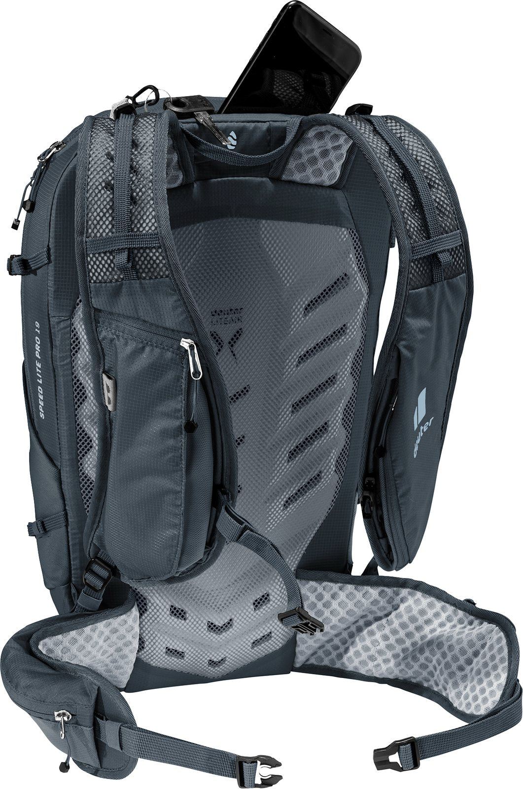 Deuter Speed Lite Pro 19 with a phone in the zipped shoulder strap pocket
