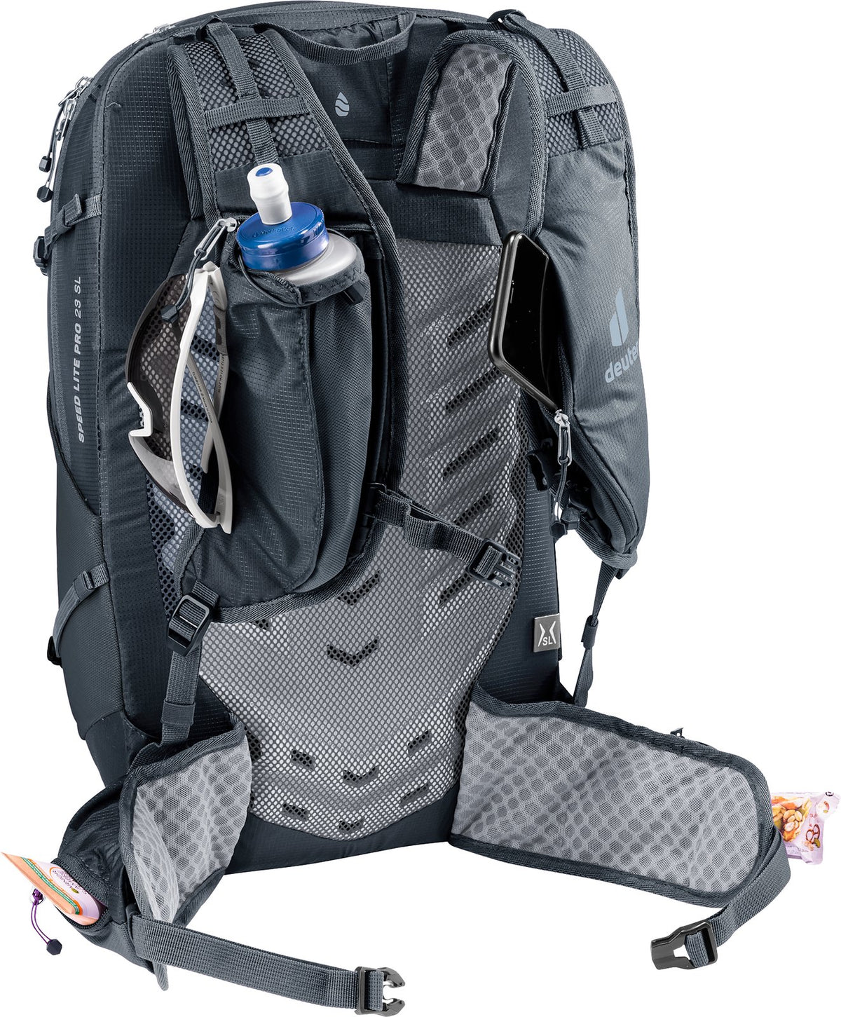 Deuter Speed Lite Pro 23 SL with a soft flask in the shoulder strap pouch