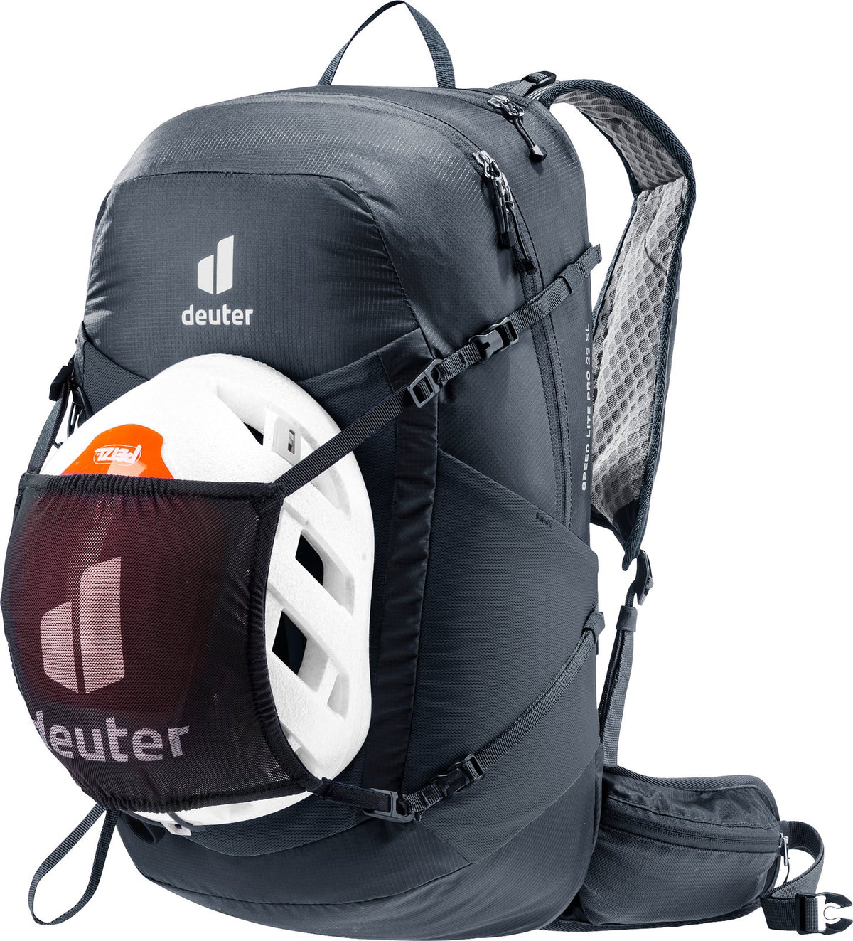 Deuter Speed Lite Pro 23 SL carrying a helmet in the mesh helmet holder, sold separately