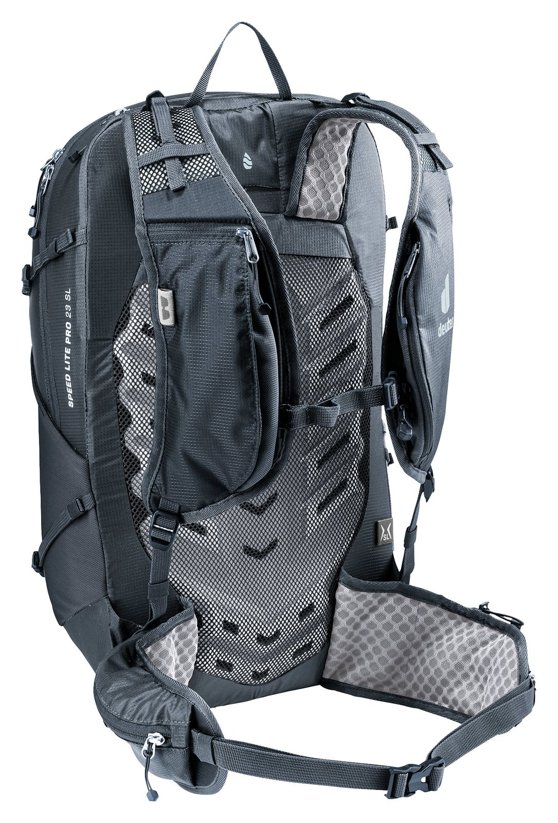 Deuter Speed Lite Pro 23 SL harness view with shoulder strap pockets and sternum strap