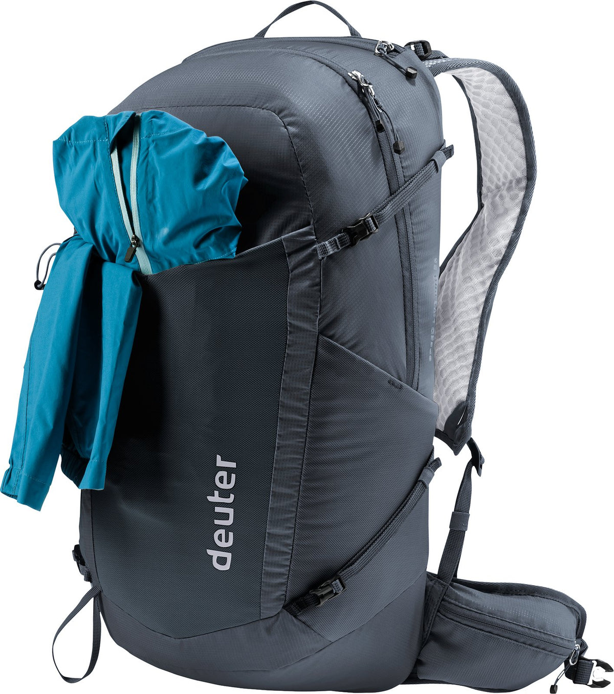 Deuter Speed Lite Pro 25 with a blue jacket stuffed in the mesh front pocket
