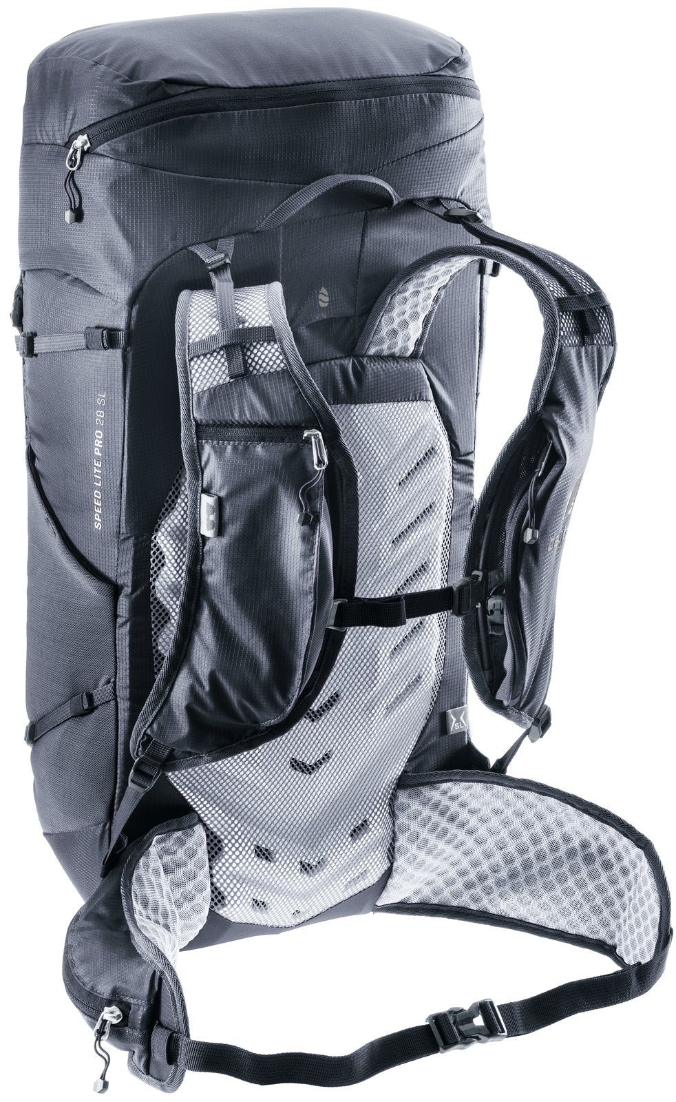 Deuter Speed Lite Pro 28 SL rear three-quarter view of the vest-style harness