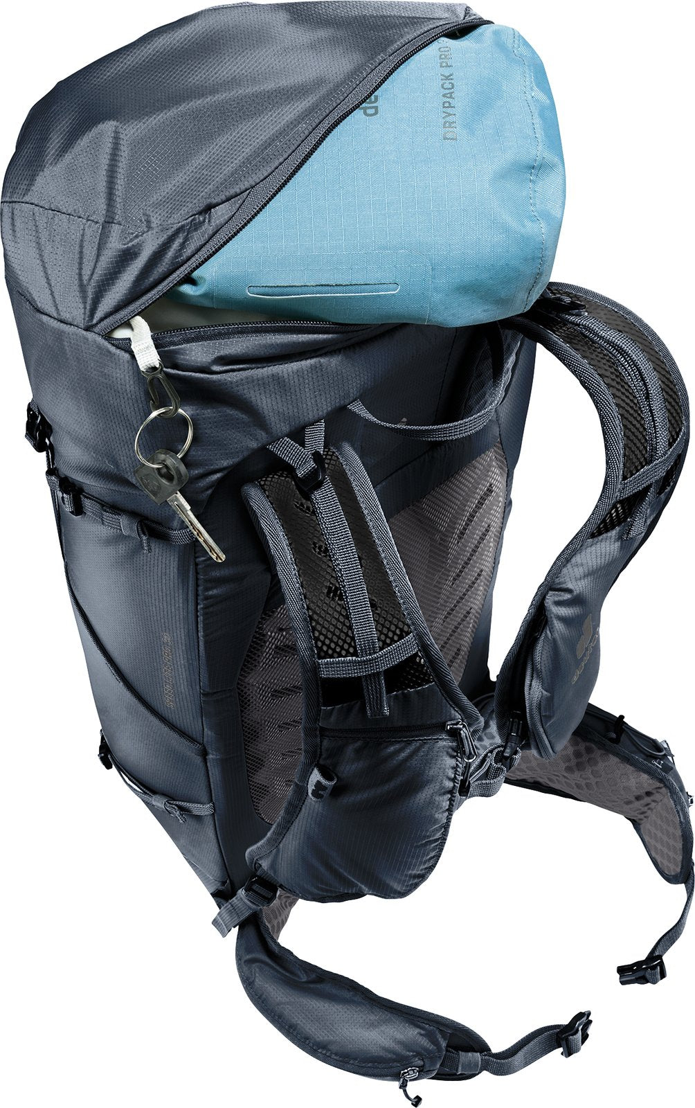 Deuter Speed Lite Pro 30 lid open showing the drawcord top and key clip