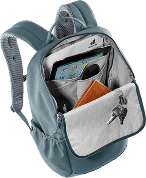 Deuter Stepout 16 U-zip top open showing a tablet, notebook and keys on the key clip