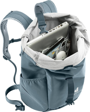 Deuter Stepout 22 open at the top, showing a laptop and organiser pockets inside