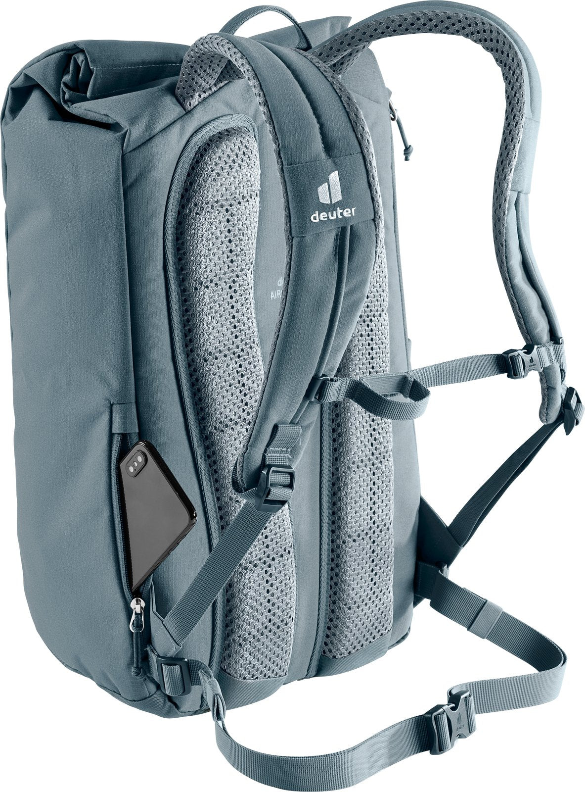 Deuter Stepout 22 with a phone in the side cell phone pocket against the back