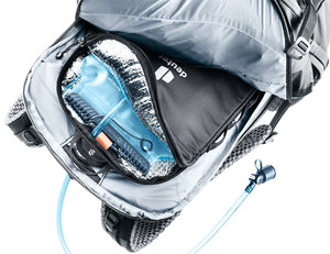 Deuter Streamer Thermo Bag open inside a backpack, showing the foil lining around a hydration bladder