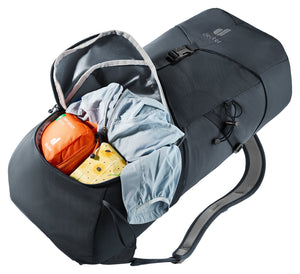 Deuter Telatie 26 J-zip front opening folded back showing food and a jacket inside