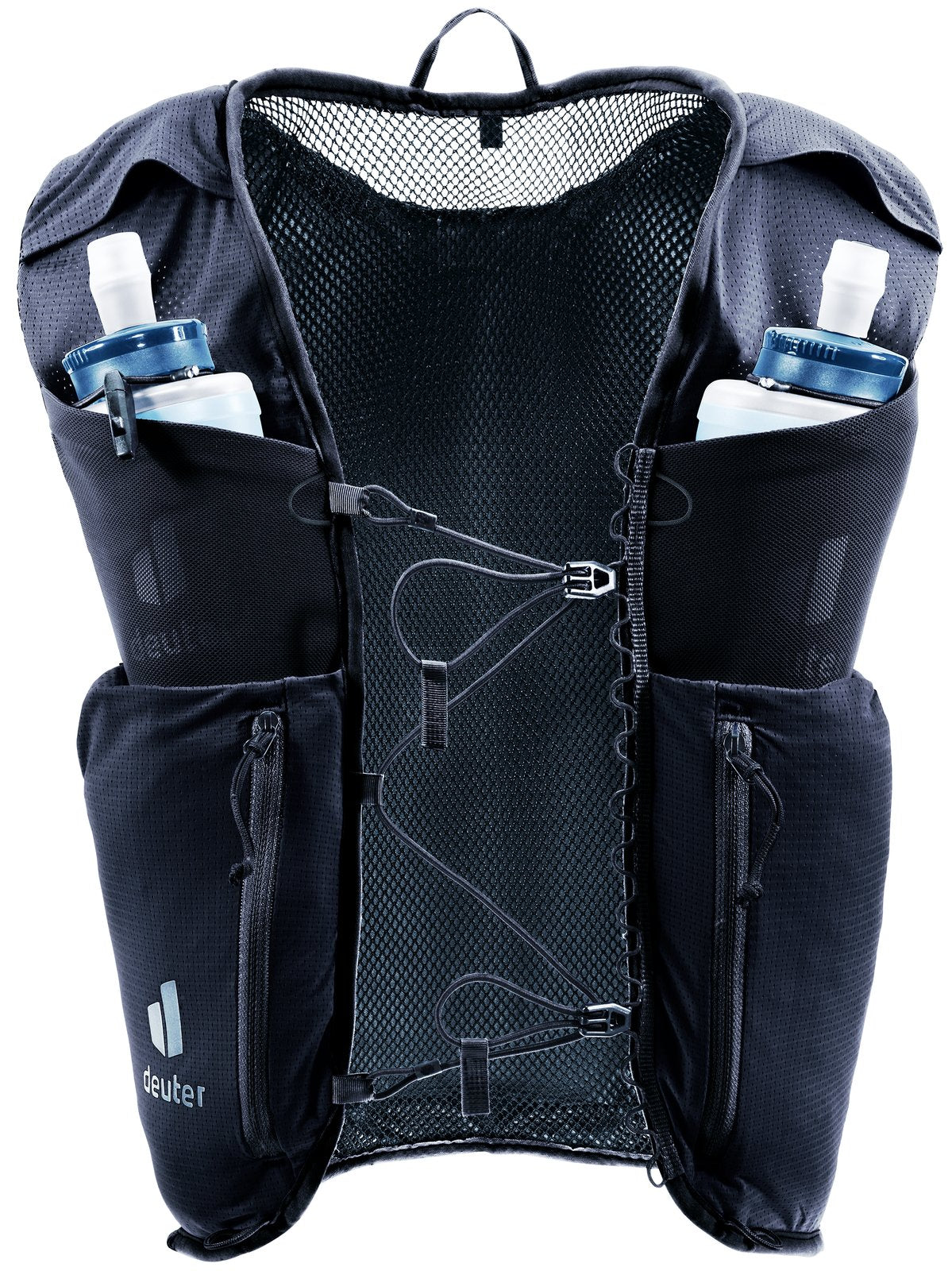 Front of the Deuter Traick 5 with two soft flasks in the shoulder strap pouches