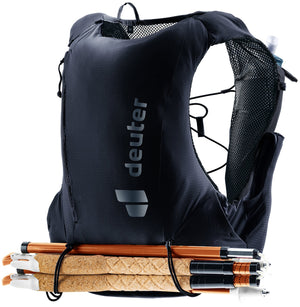Back of the Deuter Traick 5 SL with folded poles held by the bungee cords
