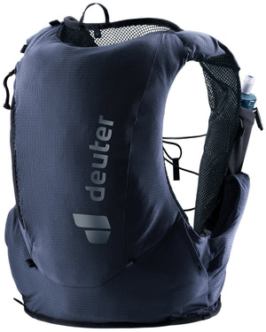 Deuter Traick 9 trail running vest in Black, rear three-quarter view of the stretch mesh back