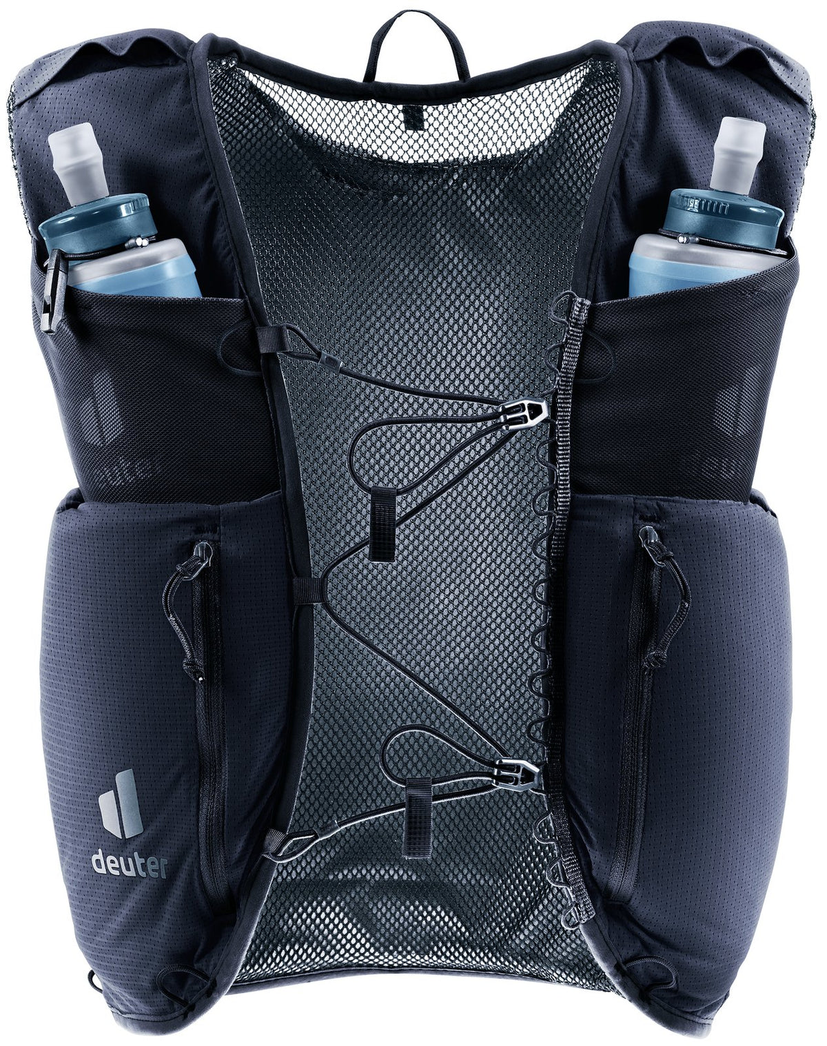 Front of the Deuter Traick 9 with two soft flasks in the shoulder strap pouches and bungee sternum closure