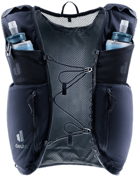 Front of the Deuter Traick 9 with two soft flasks in the shoulder strap pouches and bungee sternum closure