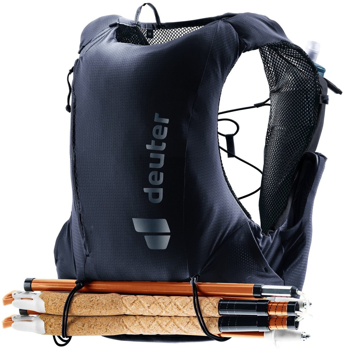 Deuter Traick 9 SL with folded poles held under the modular bungee cords at the back