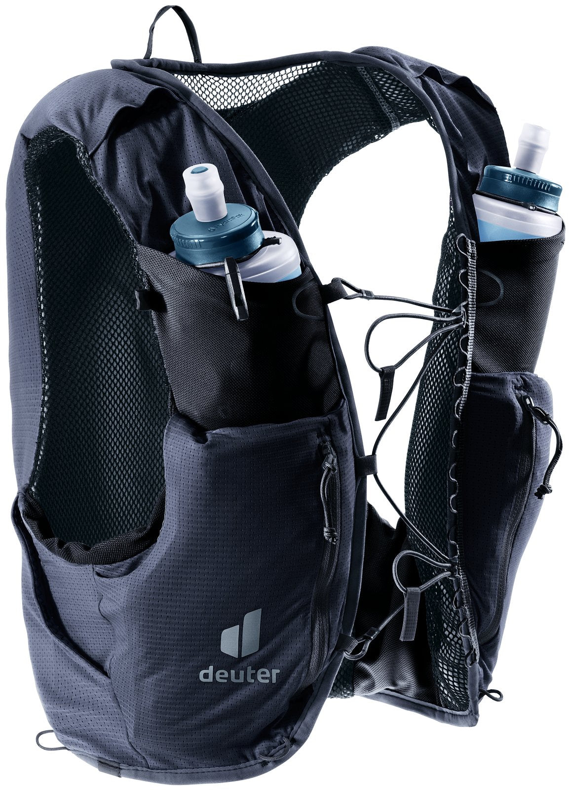 Deuter Traick 9 SL front three-quarter view of the shoulder strap pockets and bungee sternum straps