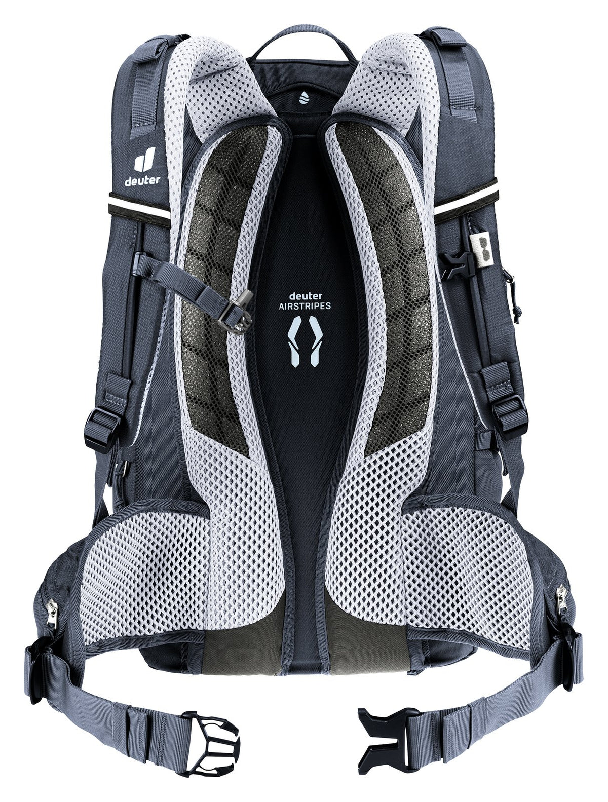 Back of the Deuter Trans Alpine 24 showing the Airstripes padding and mesh hip fins