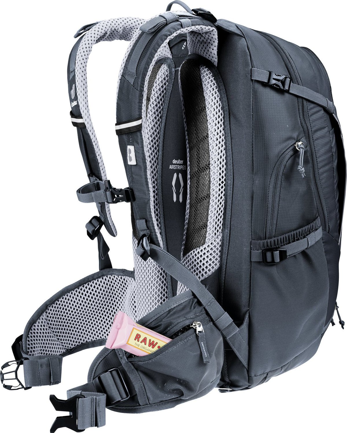 Deuter Trans Alpine 24 with a snack in the hip fin area pocket, rear three-quarter view