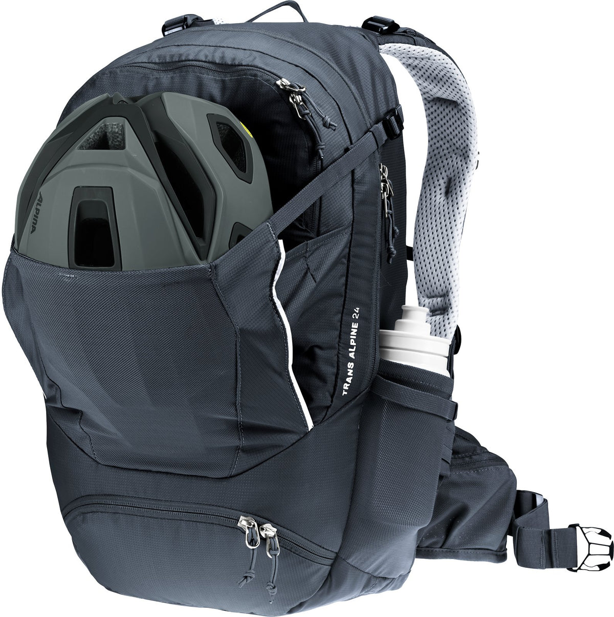 Deuter Trans Alpine 24 carrying a mountain bike helmet in the front stash pocket