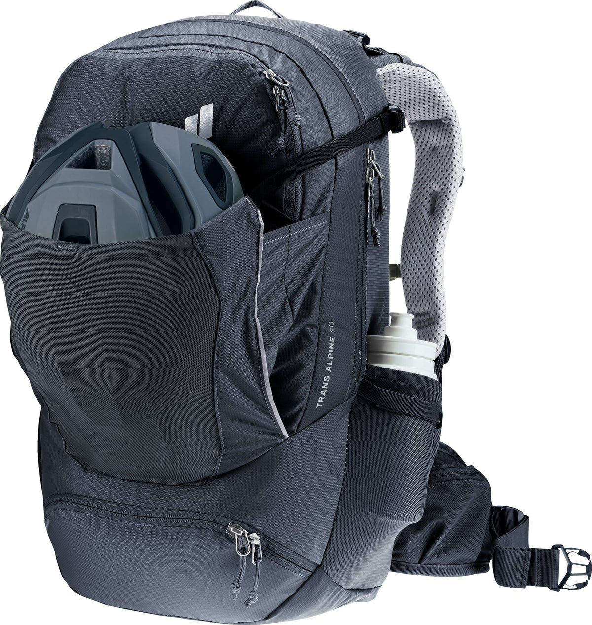 Deuter Trans Alpine 30 with a bike helmet in the front stash pocket and a bottle at the side