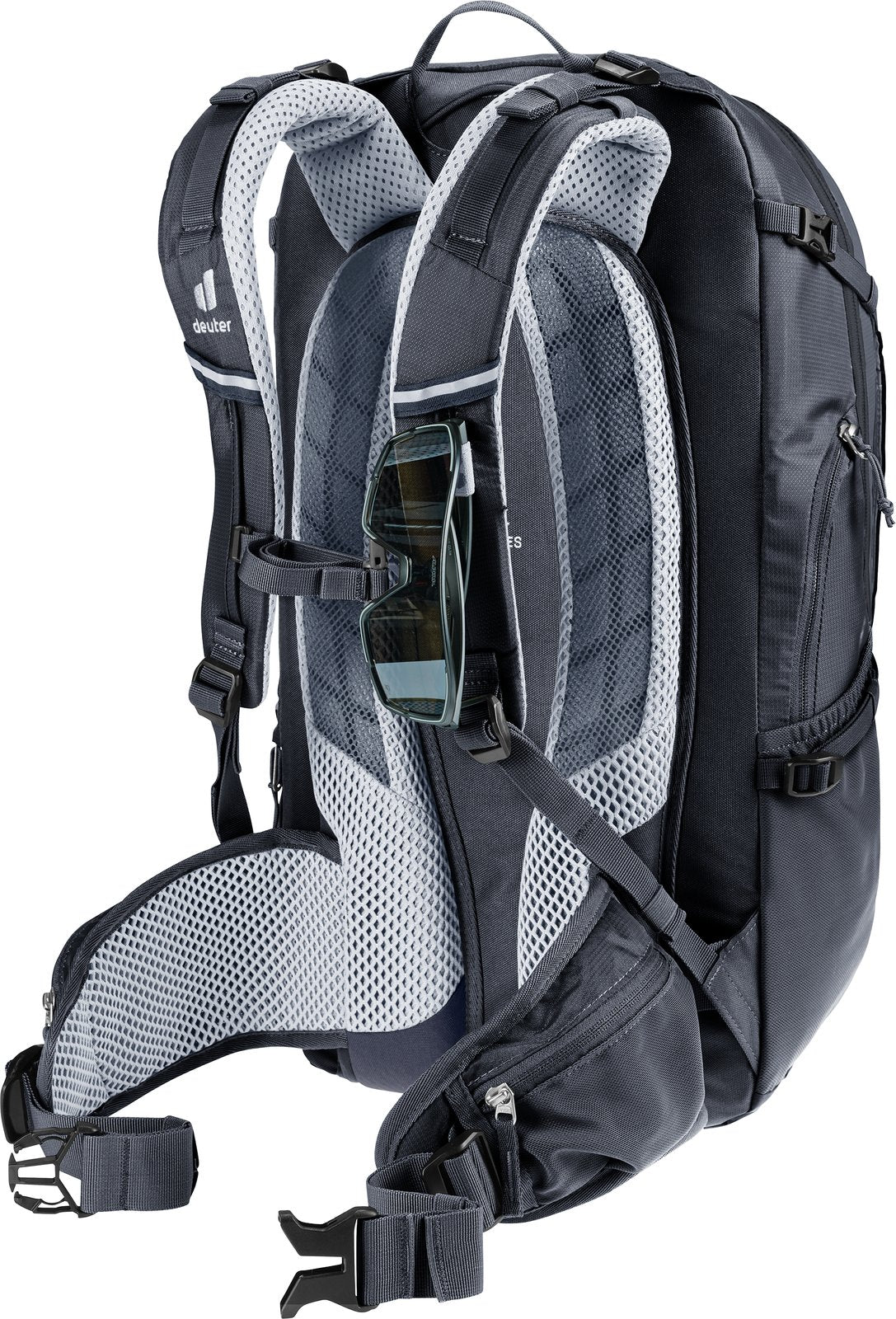 Deuter Trans Alpine 30 with sunglasses in the glasses stow on the shoulder strap