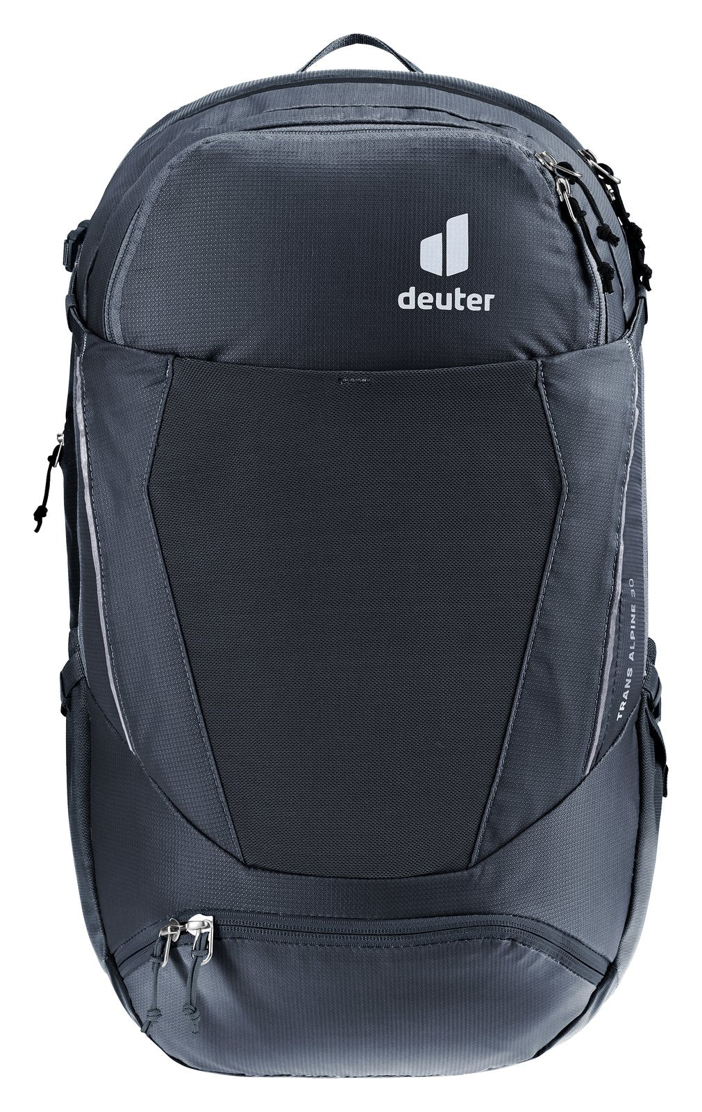 Deuter Trans Alpine 30 in Black, straight-on front view with mesh stash pocket