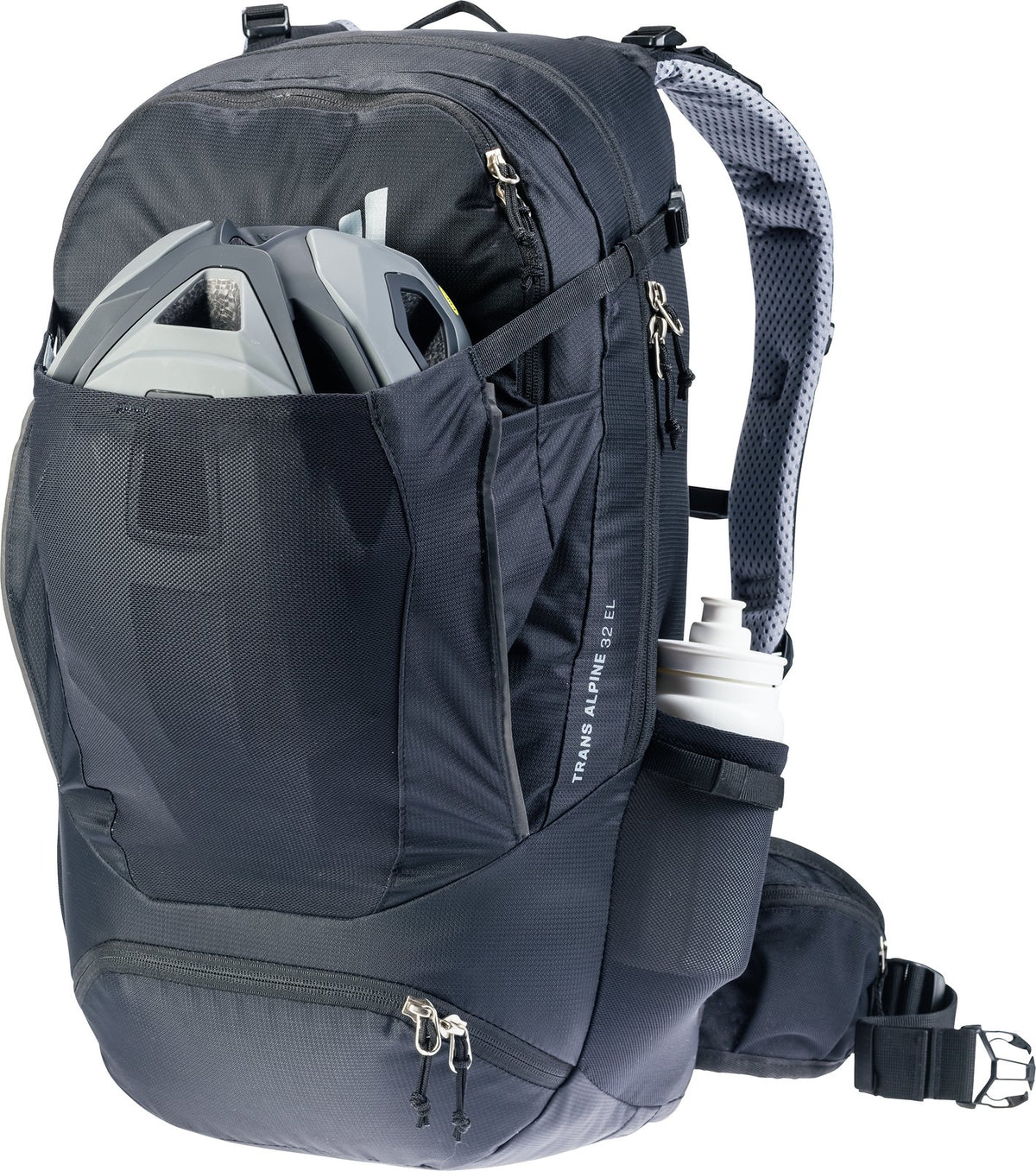 Deuter Trans Alpine 32 EL carrying a bike helmet in the front pocket and a bottle at the side