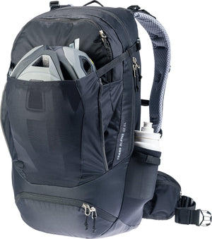 Deuter Trans Alpine 32 EL carrying a bike helmet in the front pocket and a bottle at the side