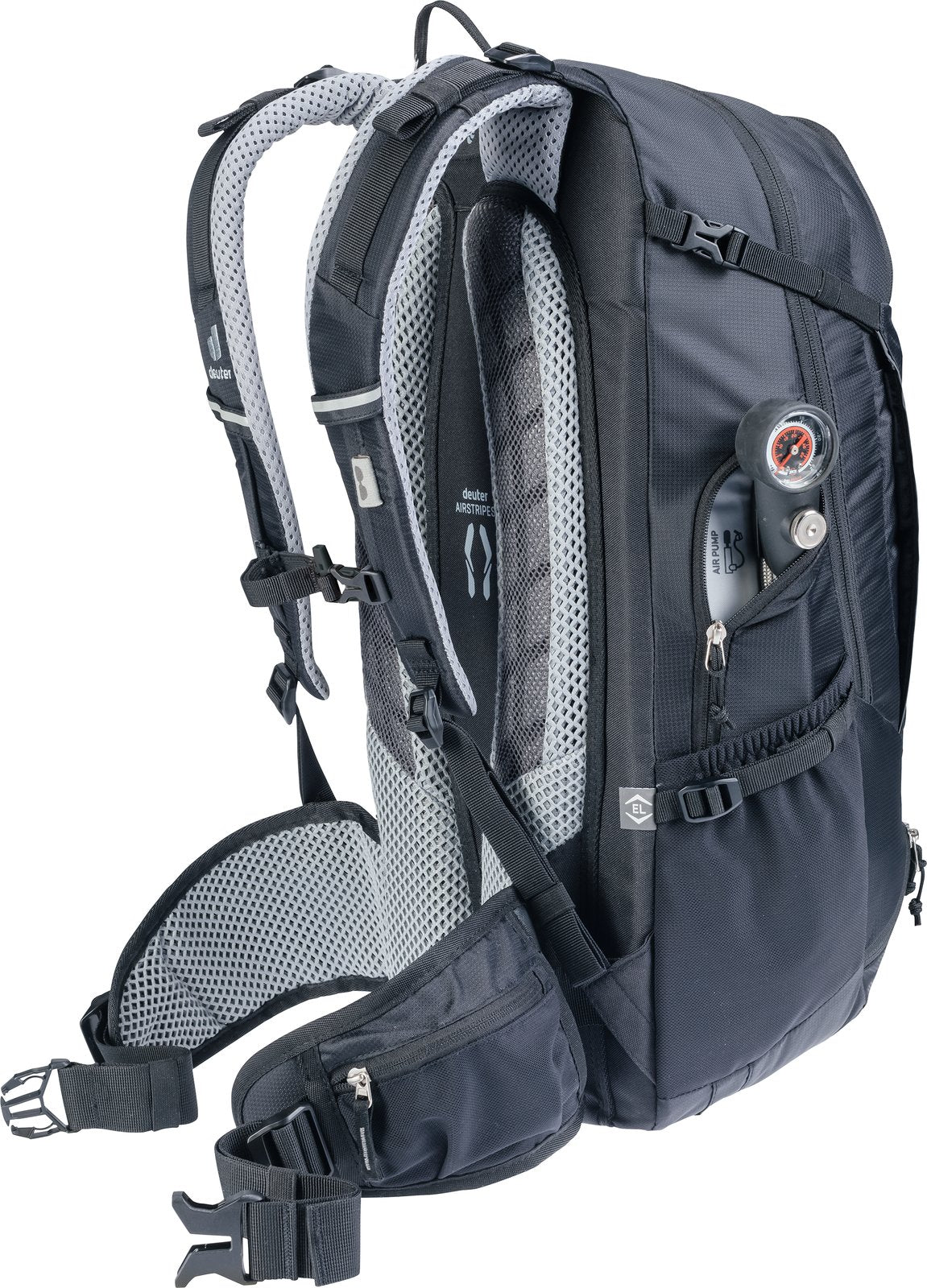 Deuter Trans Alpine 32 EL with a pump in the zipped side pocket