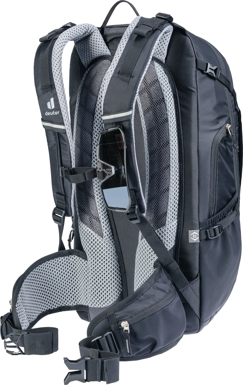 Deuter Trans Alpine 32 EL rear three-quarter view with sunglasses tucked into the shoulder strap